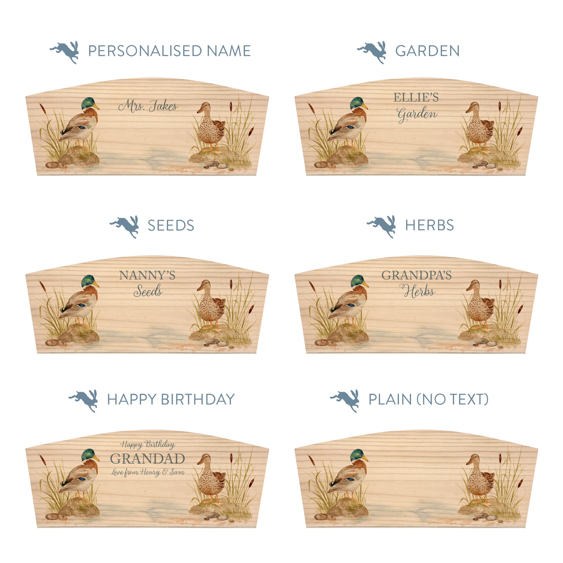 Personalised phrase options for an arched wooden planter box with a watercolour design of mallard ducks by the pond. Choose your phrase to suit gifts for any occasion including birthday, wedding, new home, and a selection of gardening phrases.