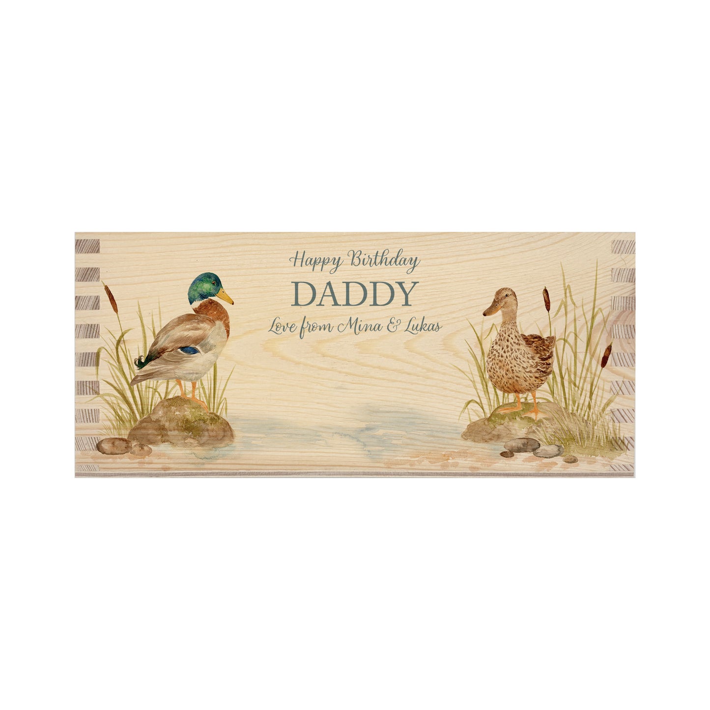 A rectangle wooden planter box with a watercolour design of two mallard ducks by the pond. The planter can be personalised with a name and a selection of custom phrases. Perfect gift for gardeners and special occasions. The planter can be used for bulbs and plants or as garden storage.