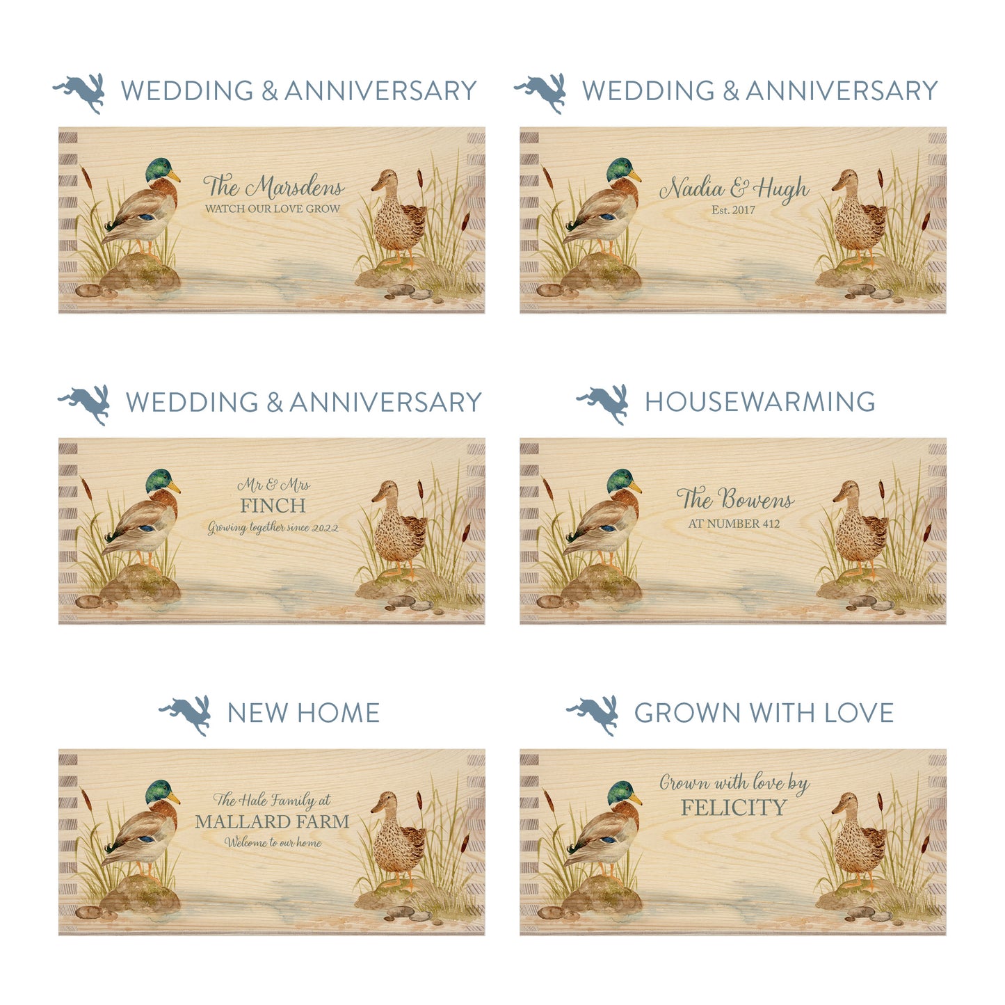 Personalised phrase options for a rectangle wooden planter box with a watercolour design of two mallard ducks by the pond. Choose your phrase to suit any occasion including birthday, wedding, anniversary, engagement, and new home.