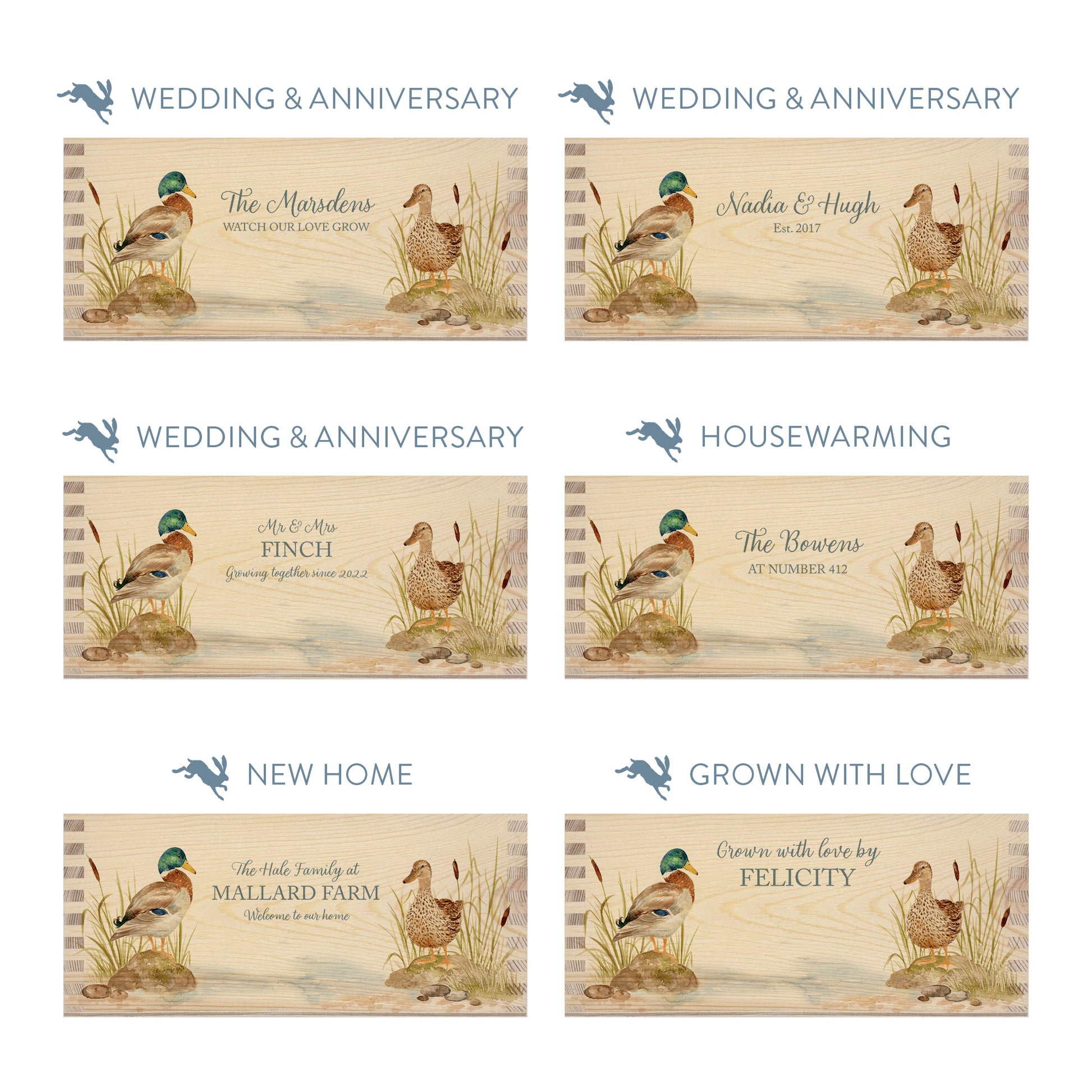 Personalised phrase options for a rectangle wooden planter box with a watercolour design of two mallard ducks by the pond. Choose your phrase to suit any occasion including birthday, wedding, anniversary, engagement, and new home.