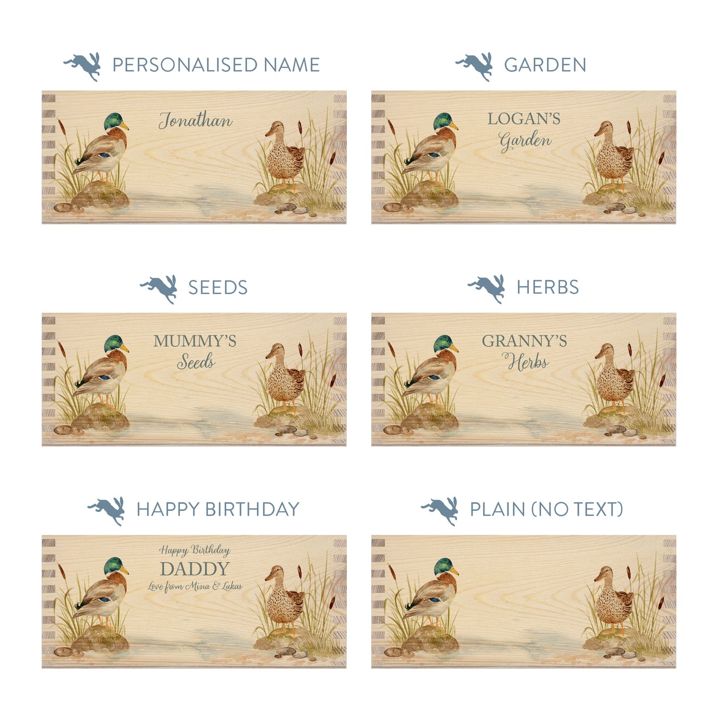 Personalised phrase options for a rectangle wooden planter box with a watercolour design of two ducks by the pond. Choose your phrase to suit any occasion including birthday, wedding, new home, and a selection of gardening phrases.