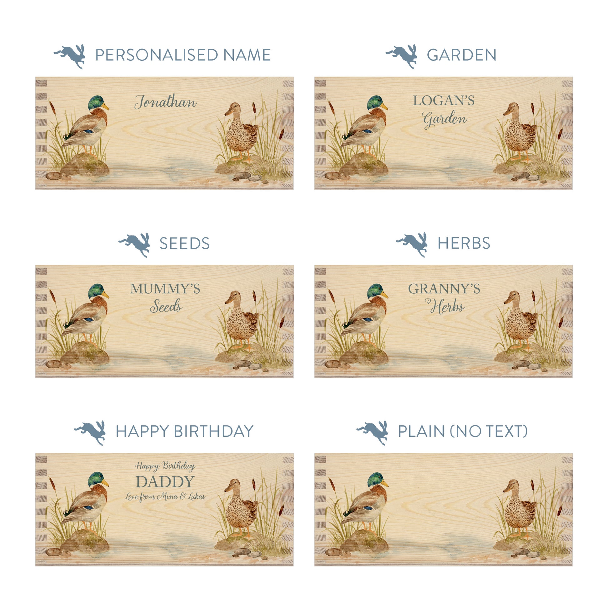 Personalised phrase options for a rectangle wooden planter box with a watercolour design of two ducks by the pond. Choose your phrase to suit any occasion including birthday, wedding, new home, and a selection of gardening phrases.