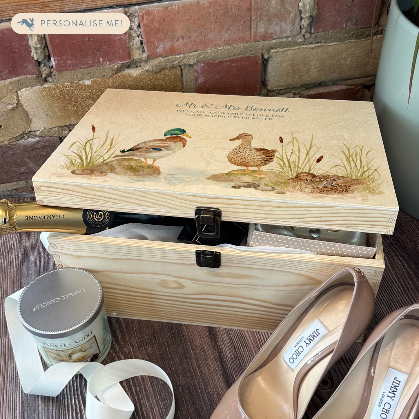 Large wooden pine memory/wedding/anniversary gift box featuring a dreamy watercolour illustration of two ducks side-by-side, perfect for celebrating a lasting bond.  Just some examples of how you can create a special gift or that special occasion. 