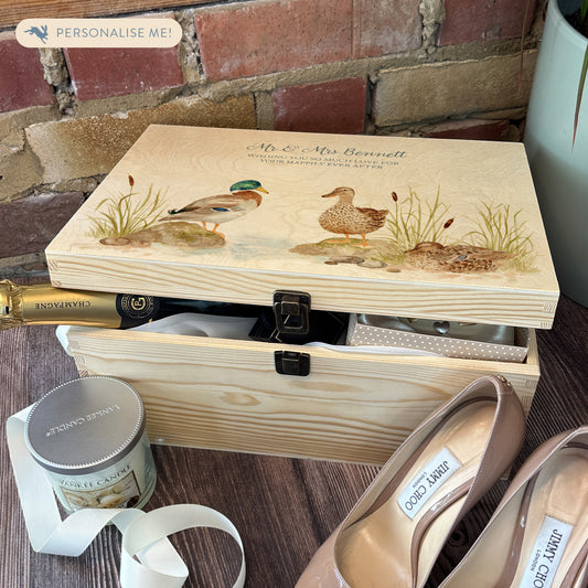 Large wooden pine memory/wedding/anniversary gift box featuring a dreamy watercolour illustration of two ducks side-by-side, perfect for celebrating a lasting bond.  Just some examples of how you can create a special gift or that special occasion. 