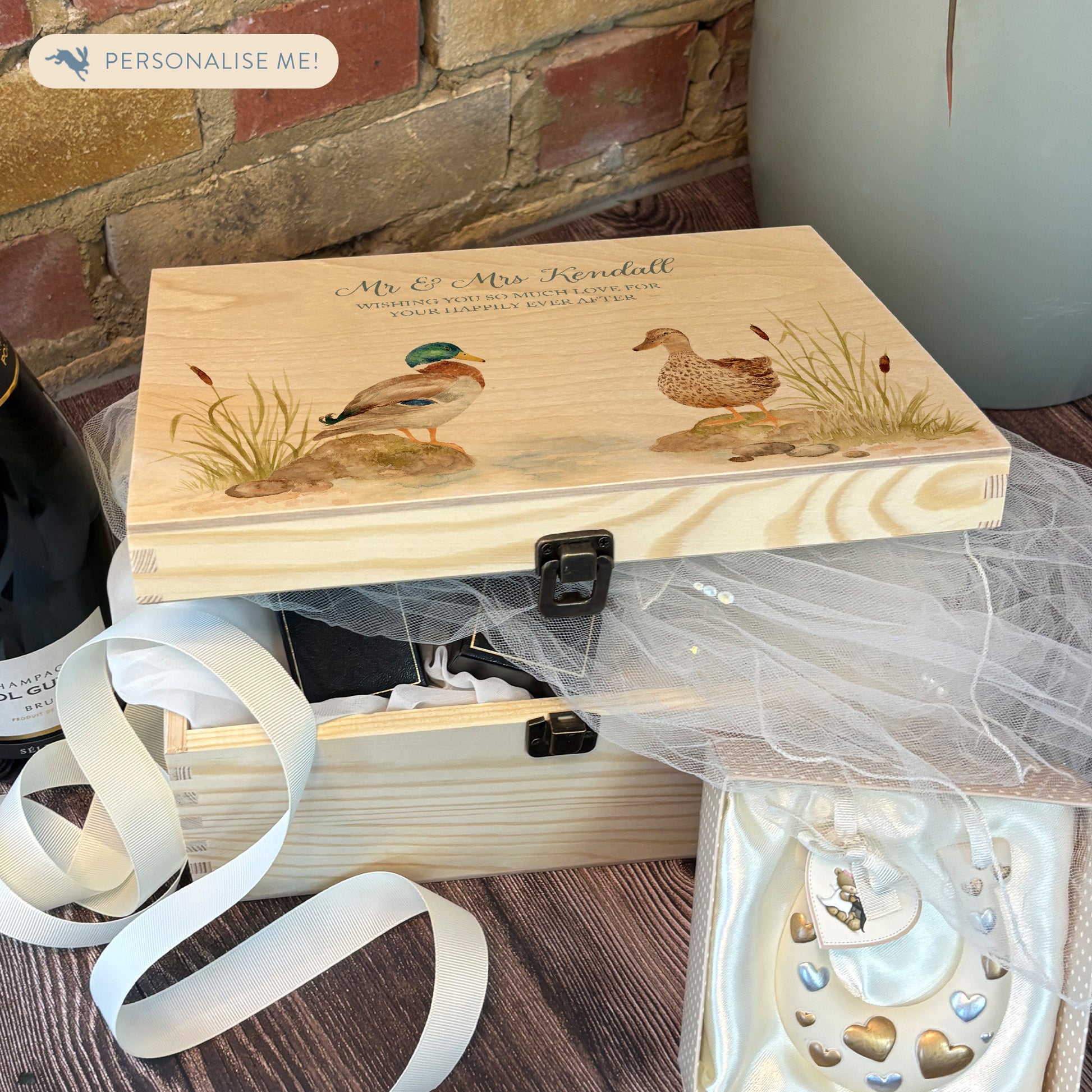 Medium wooden pine memory/wedding/anniversary gift box featuring a dreamy watercolour illustration of two ducks side-by-side, perfect for celebrating a lasting bond. 