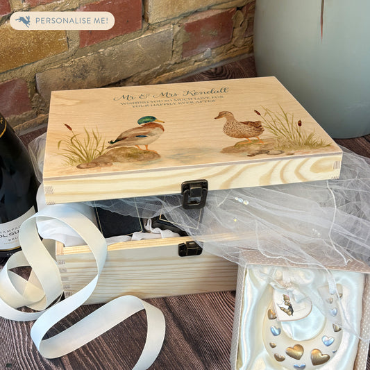 Medium wooden pine memory/wedding/anniversary gift box featuring a dreamy watercolour illustration of two ducks side-by-side, perfect for celebrating a lasting bond. 