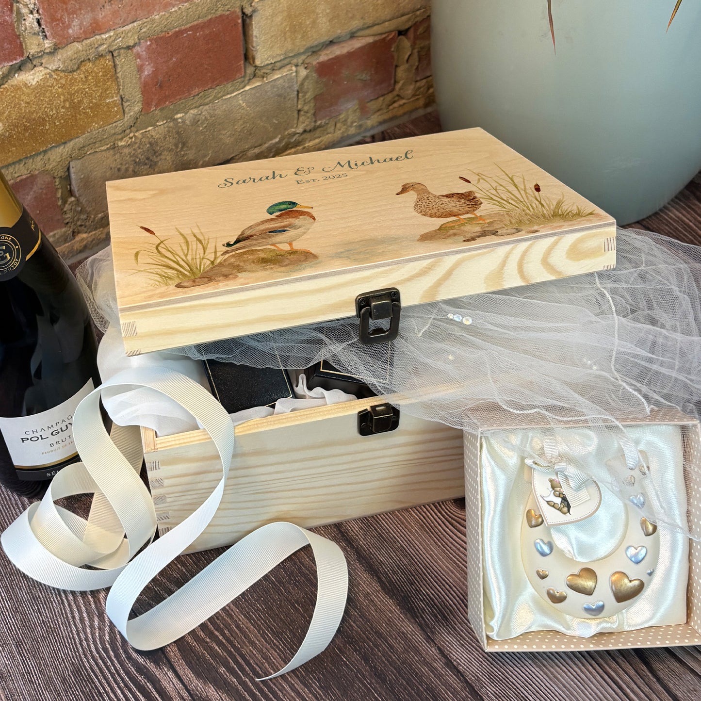 Medium wooden pine memory/wedding/anniversary gift box featuring a dreamy watercolour illustration of two ducks side-by-side, perfect for celebrating a lasting bond. 