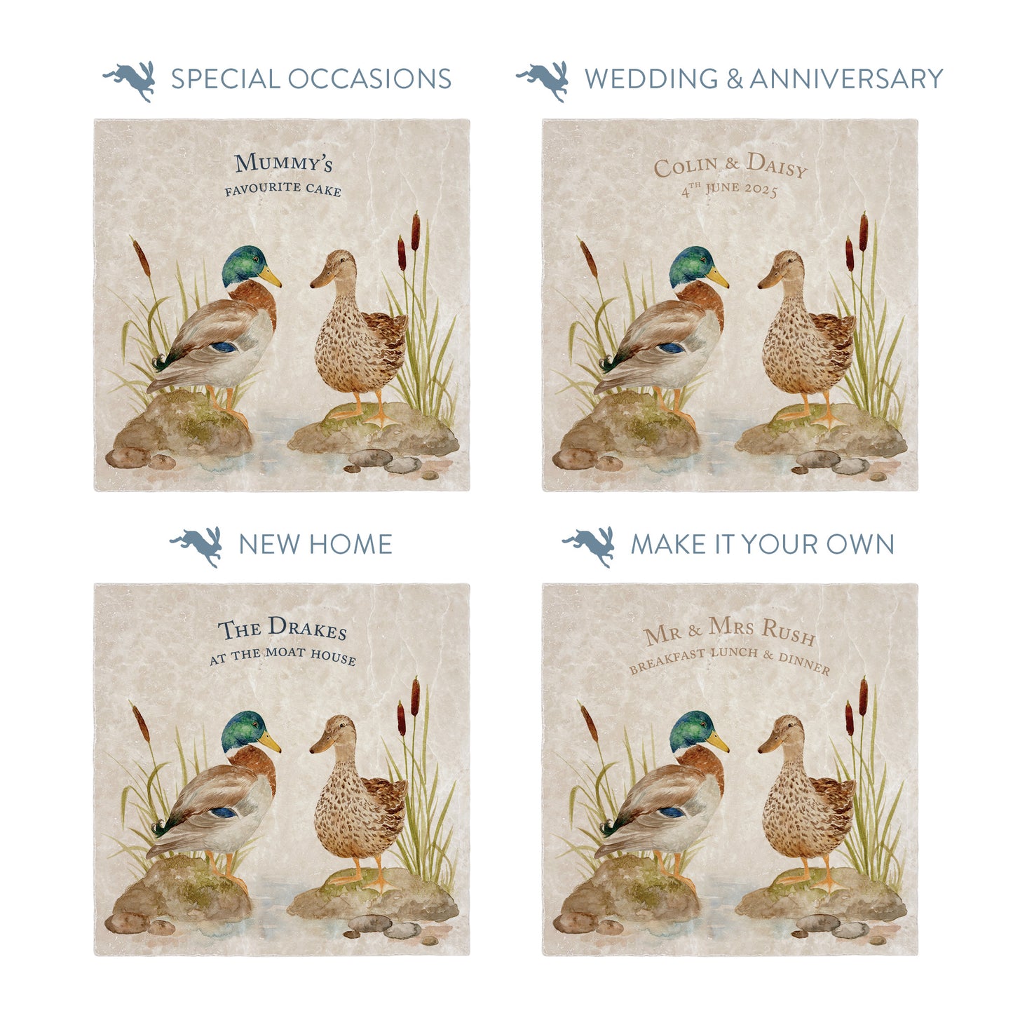 Collection of large marble platters showing the personalisation options available for all occasions including birthdays, weddings, anniversaries and new home gifts.