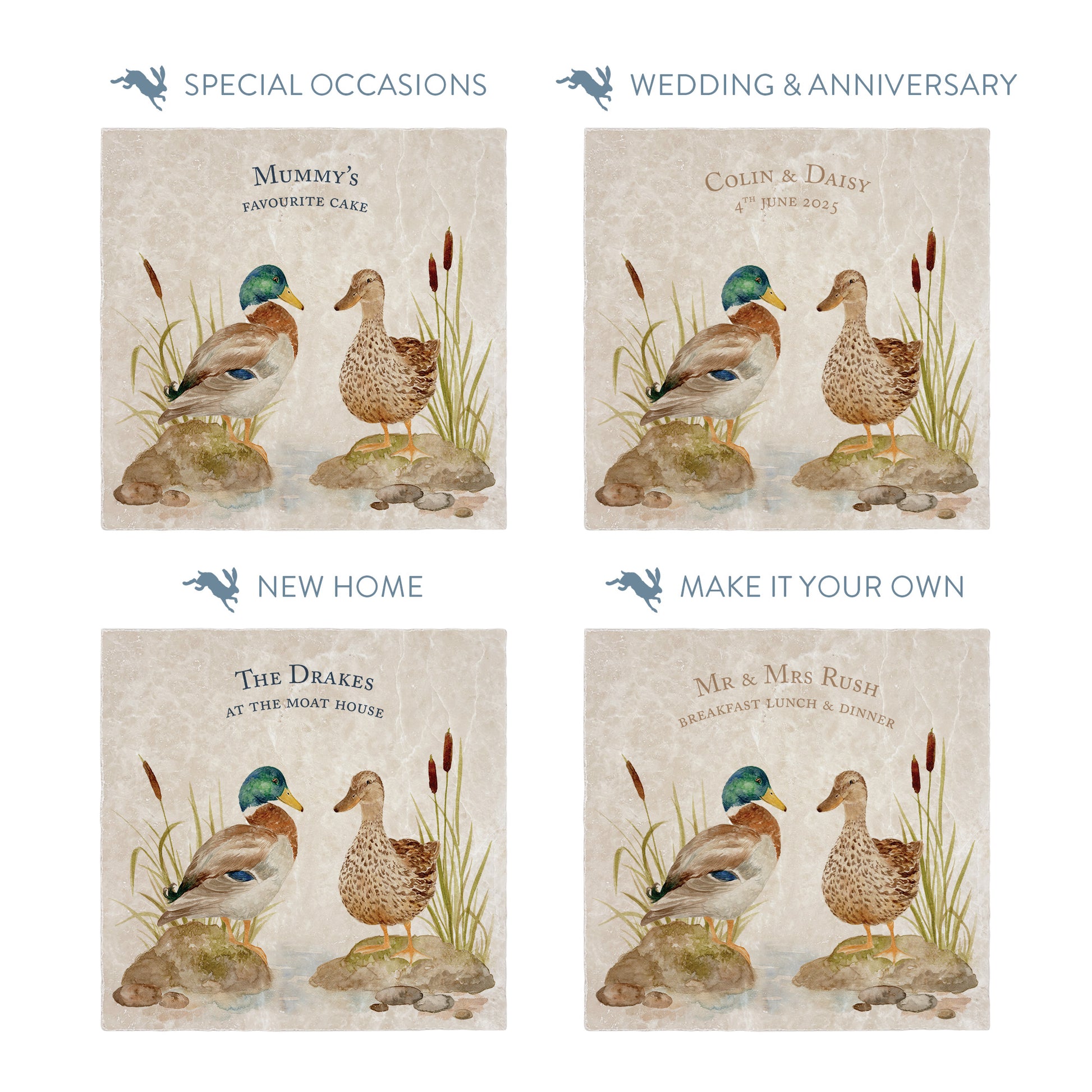 Collection of large marble platters showing the personalisation options available for all occasions including birthdays, weddings, anniversaries and new home gifts.