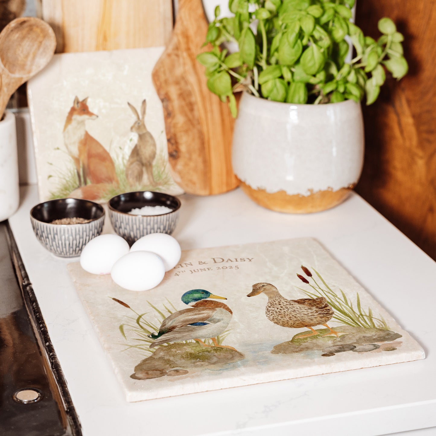A personalised marble large platter with a ducks by the riverbank watercolour design. Create a personalised placemat, serving platter, trivet or cheeseboard as a luxury gift.