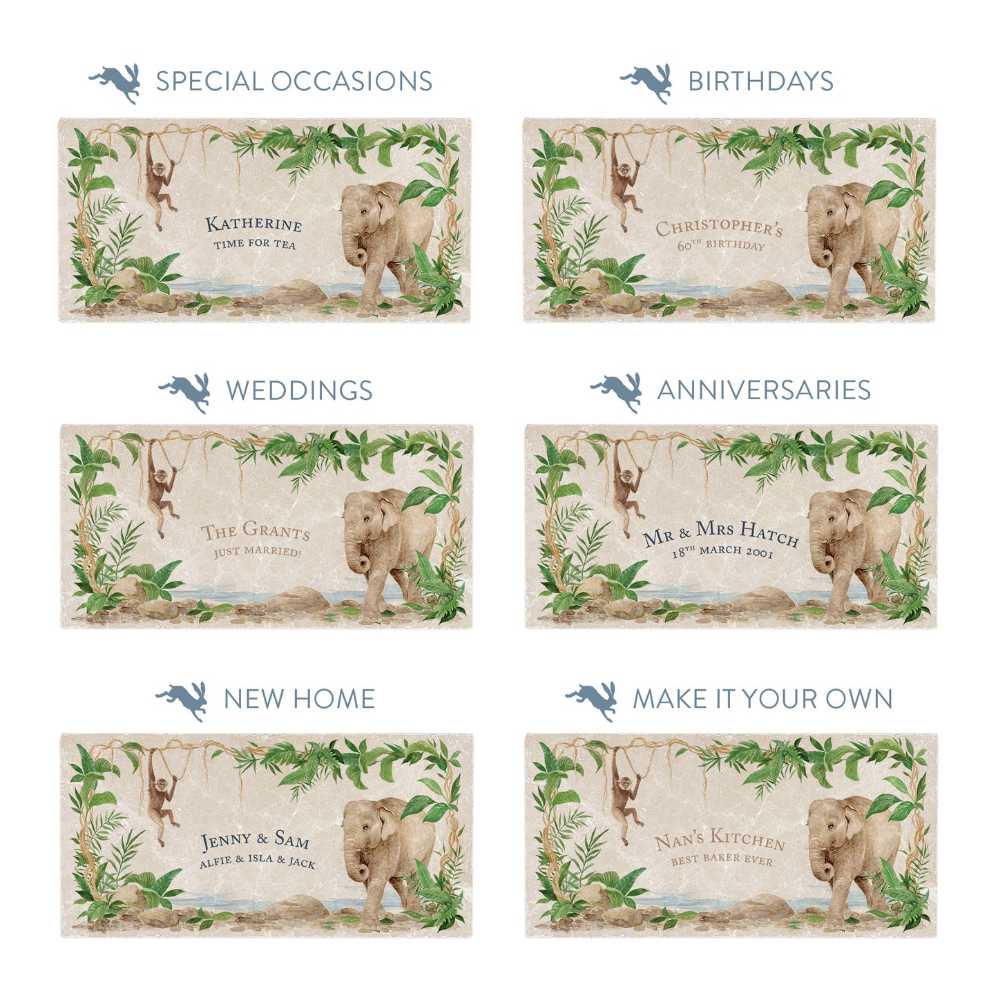 Collection of marble sharing platters showing the personalisation options available for all occasions including birthdays, weddings, anniversaries and new home gifts.