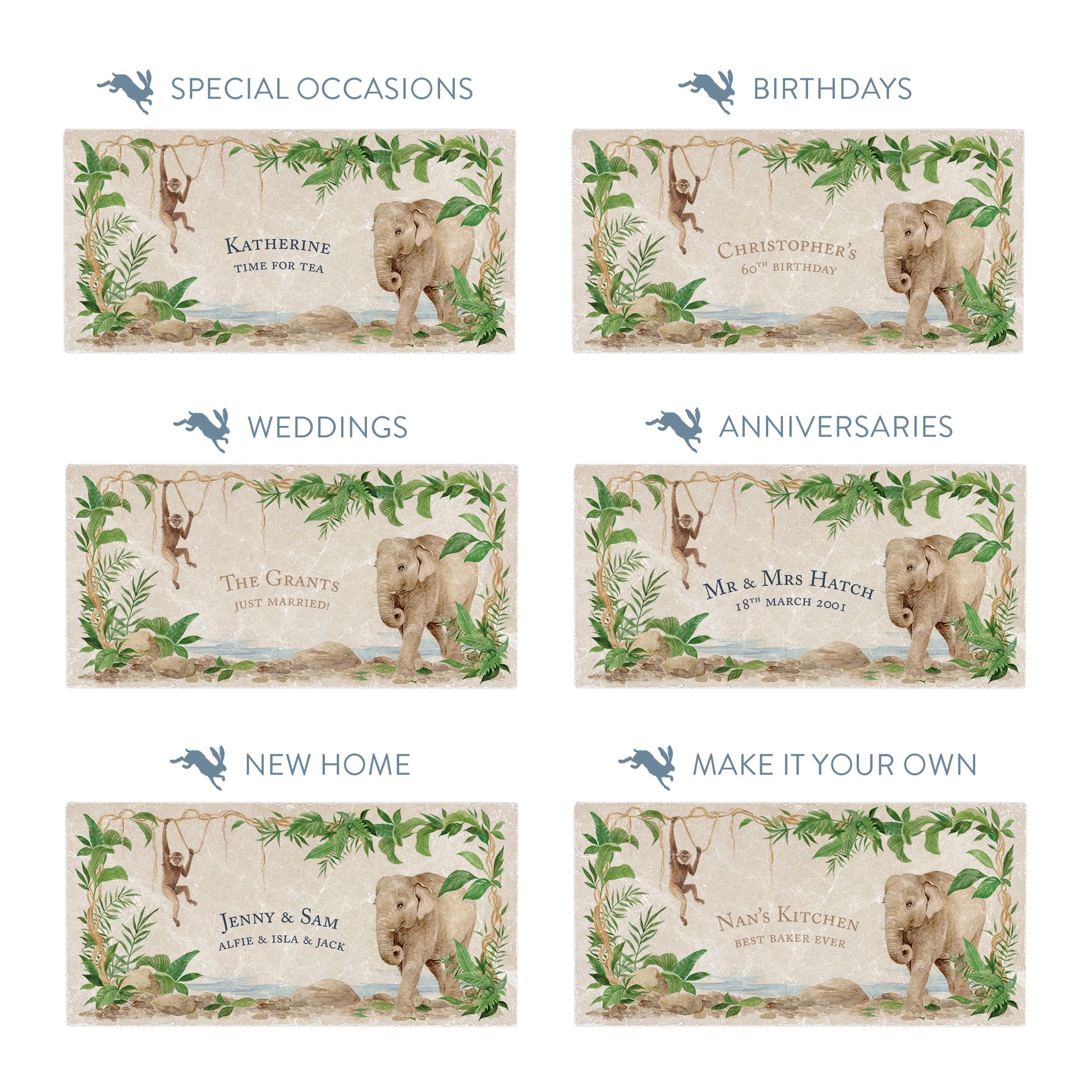 Collection of marble sharing platters showing the personalisation options available for all occasions including birthdays, weddings, anniversaries and new home gifts.