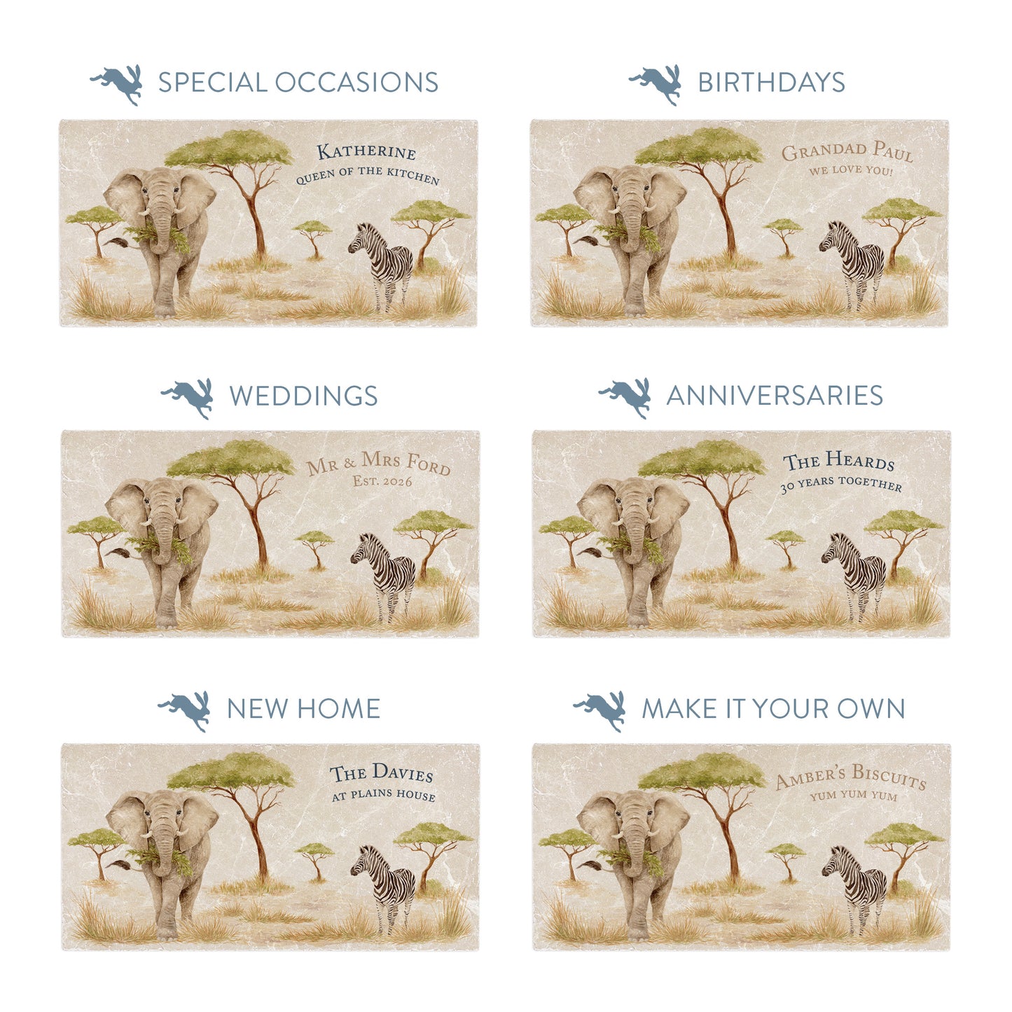 Collection of marble sharing platters showing the personalisation options available for all occasions including birthdays, weddings, anniversaries and new home gifts.