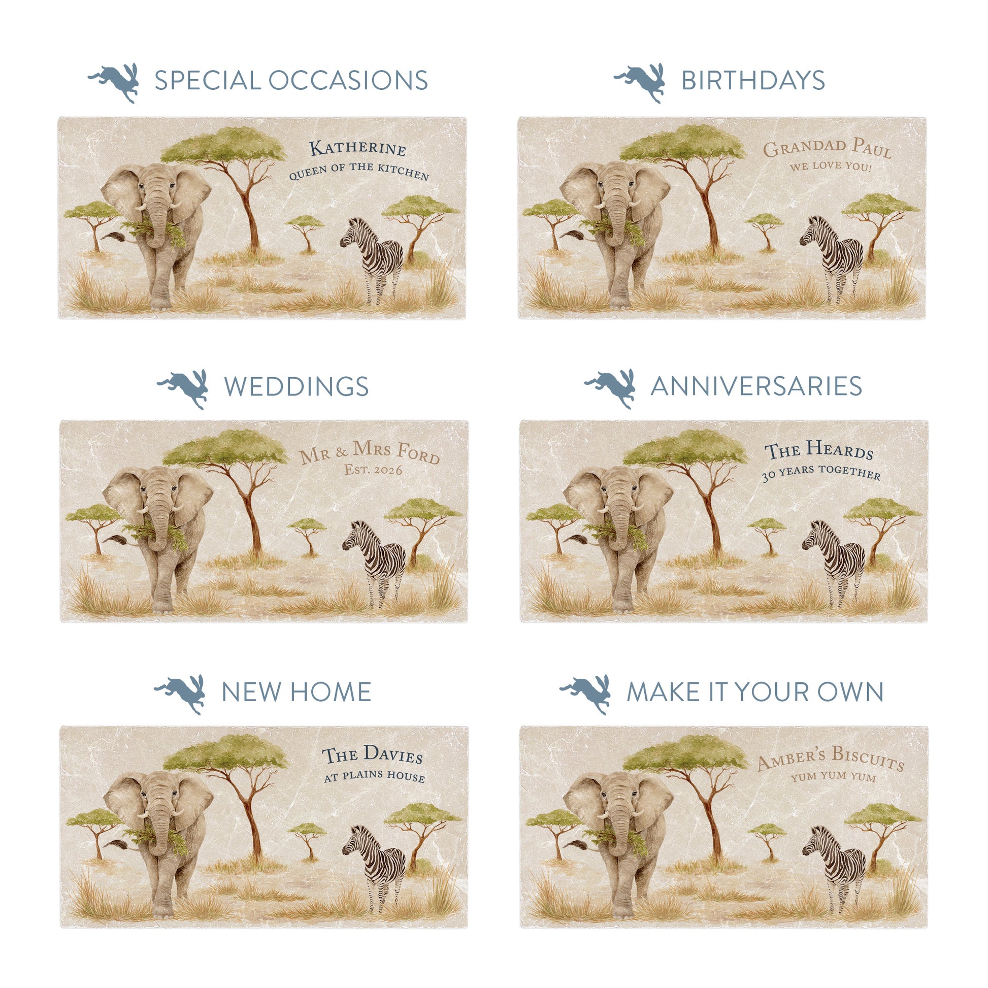 Collection of marble sharing platters showing the personalisation options available for all occasions including birthdays, weddings, anniversaries and new home gifts.