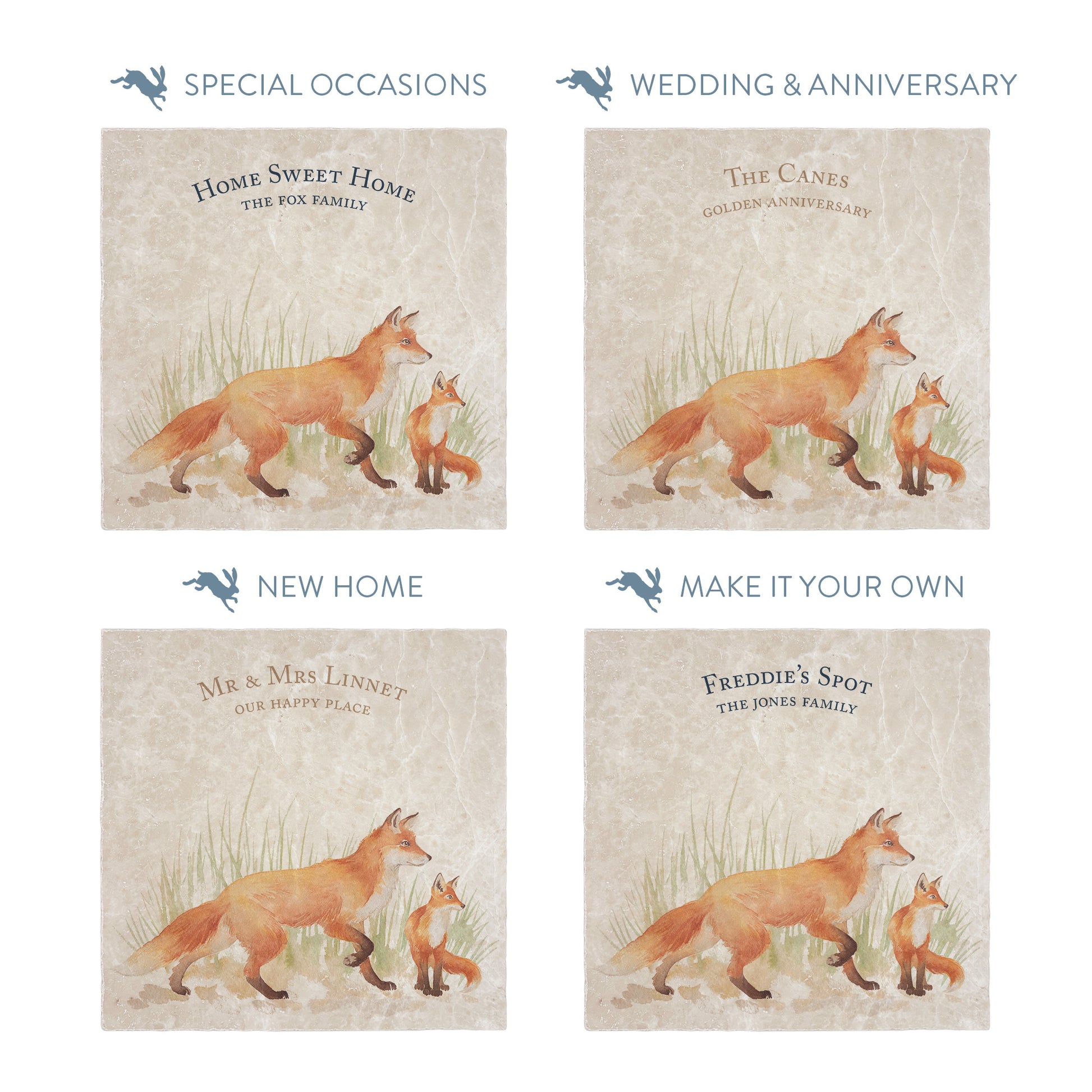 Collection of large marble platters showing the personalisation options available for all occasions including birthdays, weddings, anniversaries and new home gifts.