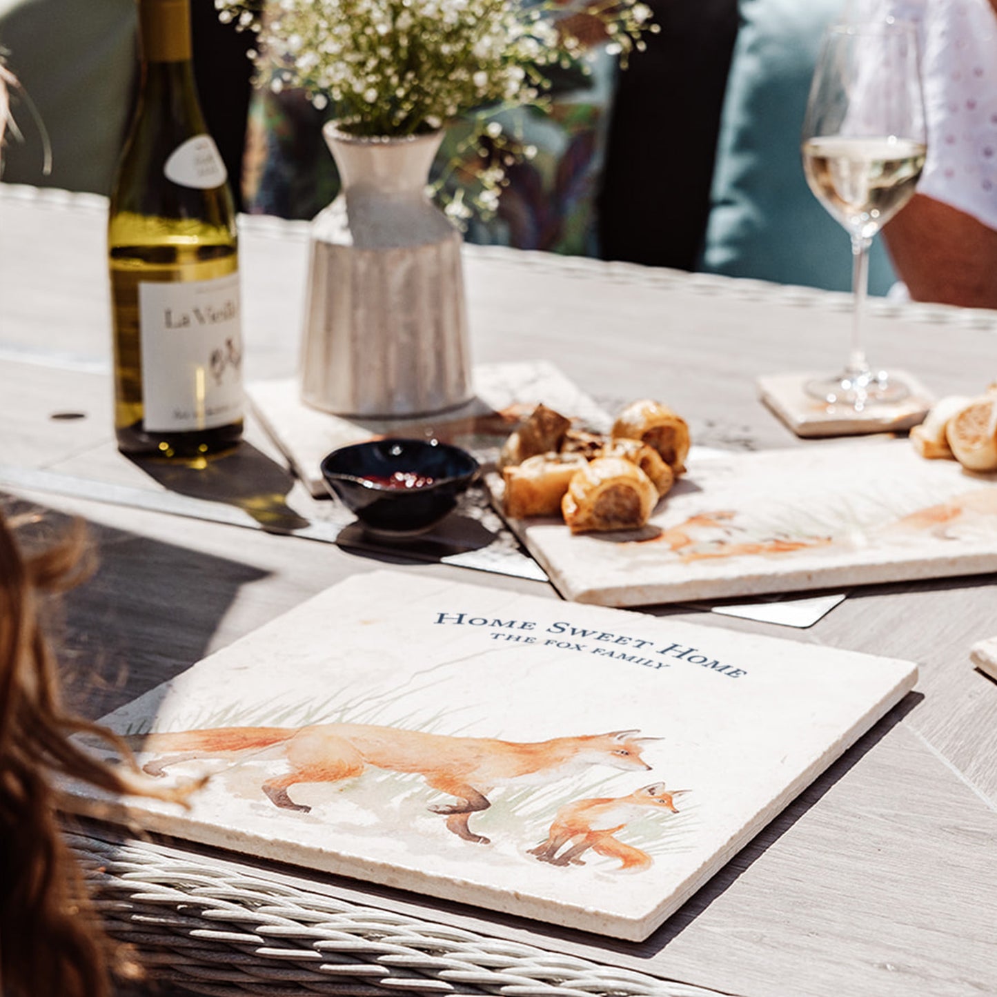 A personalised marble large platter with a fox and fox cub family watercolour design. Create a personalised placemat, serving platter, trivet or cheeseboard as a luxury gift.