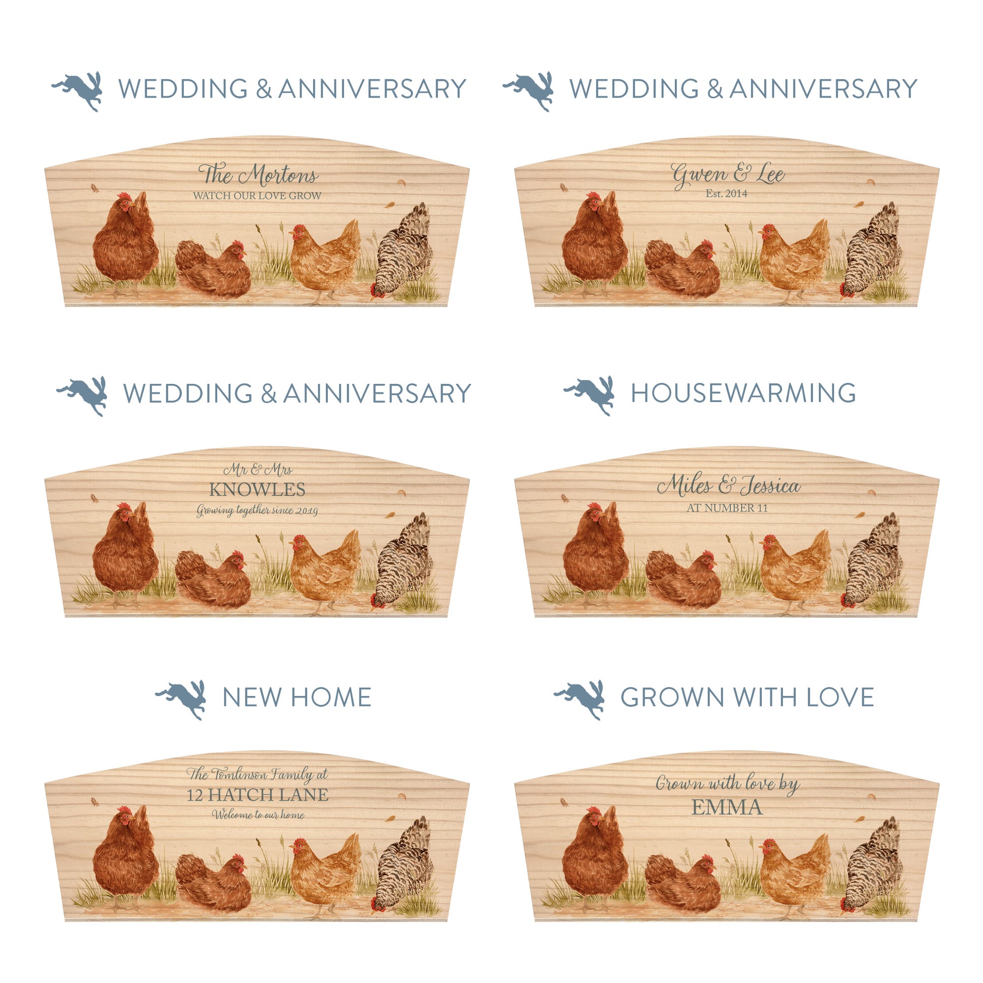Personalised phrase options for an arched wooden planter box with a watercolour design of a flock of hens in the farmyard. Choose your phrase to suit any occasion including birthday, wedding, anniversary, engagement, and new home gifts.