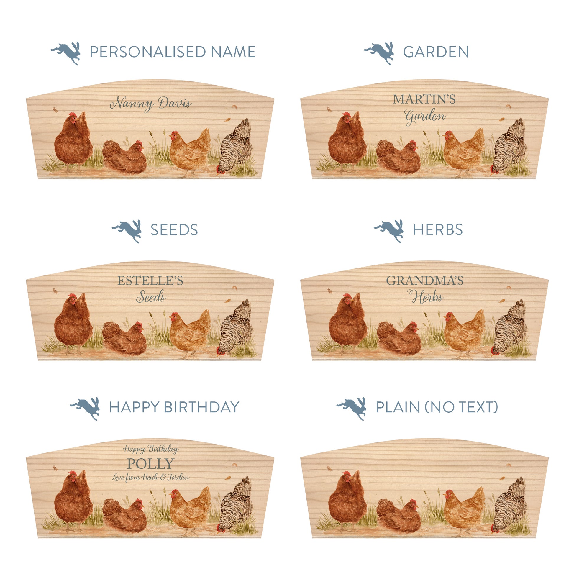 Personalised phrase options for an arched wooden planter box with a watercolour design of hens pecking in the farmyard. Choose your phrase to suit gifts for  any occasion including birthday, wedding, new home, and a selection of gardening phrases.