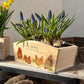 An arched wooden planter box full of spring bulbs. The planter box shows a watercolour design of a flock of hens pecking in the farmyard. The planter can be personalised with names and a selection of phrases to suit any occasion, including wedding, anniversary, engagement, birthday and new home.