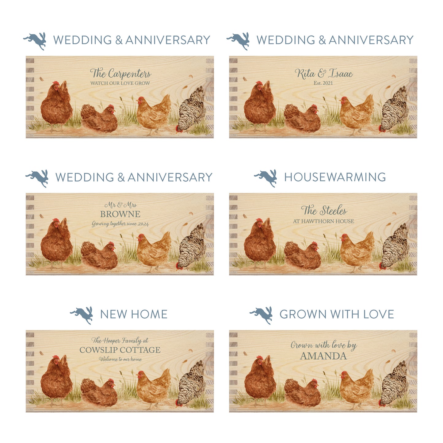 Personalised phrase options for a rectangle wooden planter box with a watercolour design of a flock of hens. Choose your phrase to suit any occasion including birthday, wedding, anniversary, engagement, and new home.