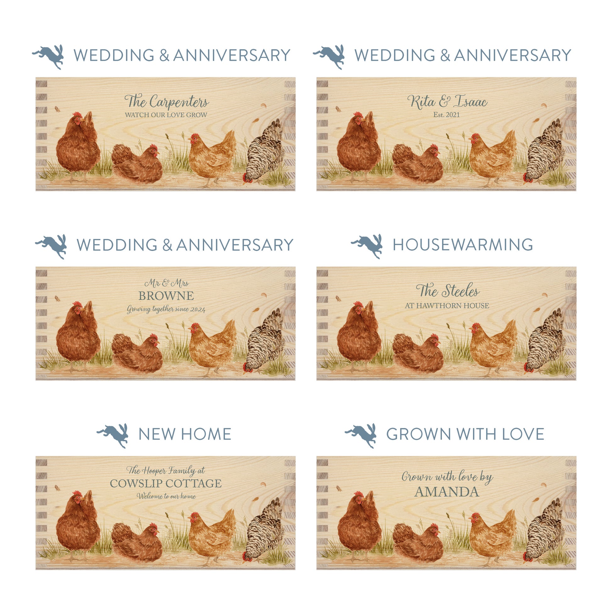 Personalised phrase options for a rectangle wooden planter box with a watercolour design of a flock of hens. Choose your phrase to suit any occasion including birthday, wedding, anniversary, engagement, and new home.