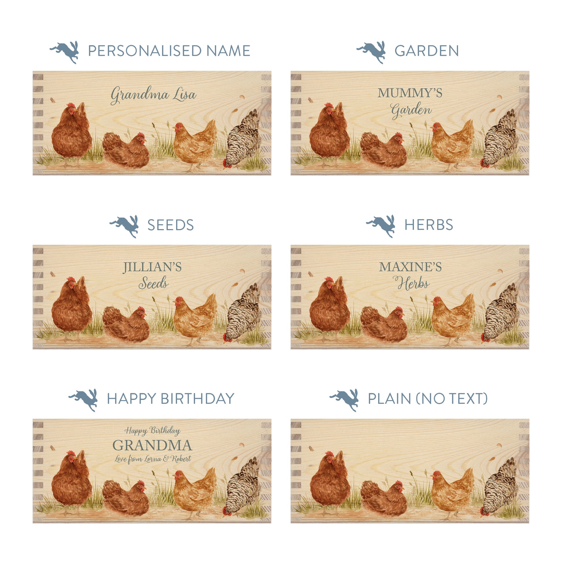 Personalised phrase options for a rectangle wooden planter box with a watercolour design of a flock of hens. Choose your phrase to suit any occasion including birthday, wedding, new home, and a selection of gardening phrases.