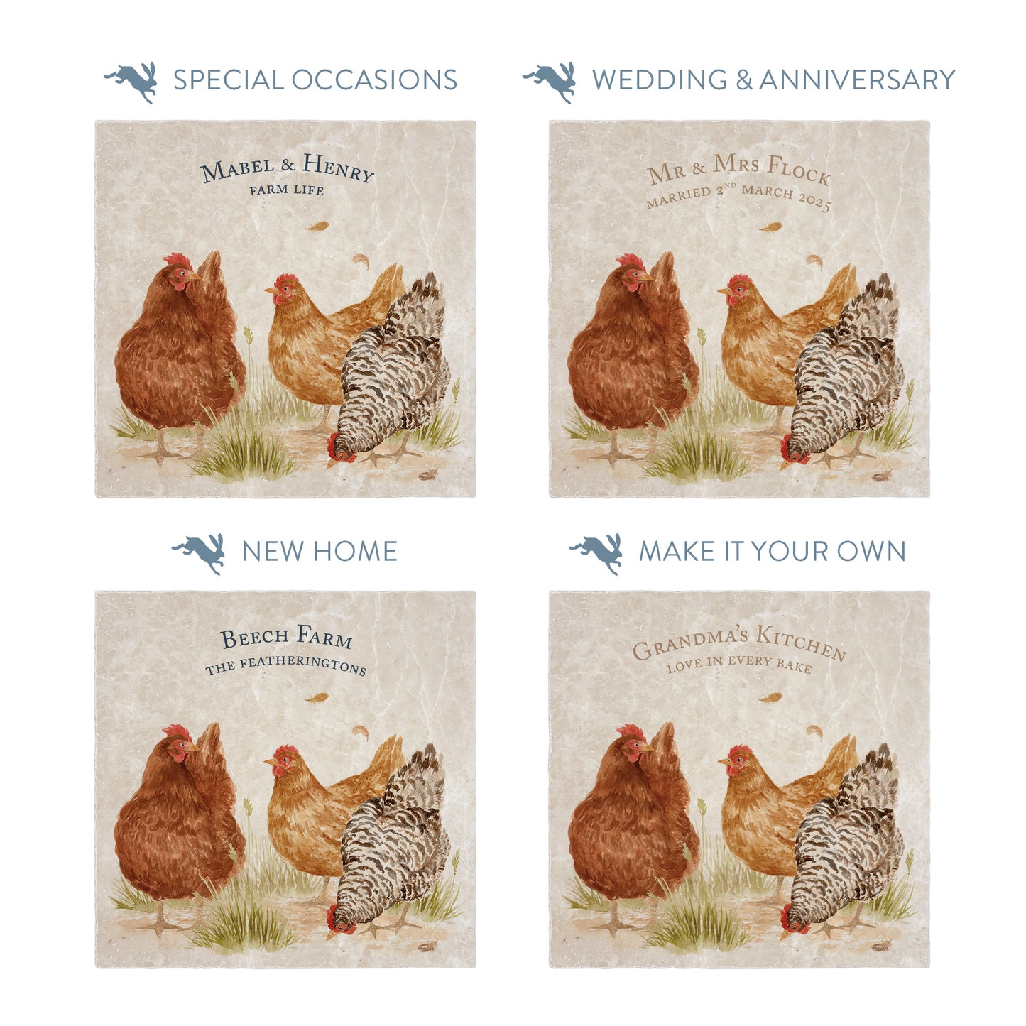 Collection of large marble platters showing the personalisation options available for all occasions including birthdays, weddings, anniversaries and new home gifts.