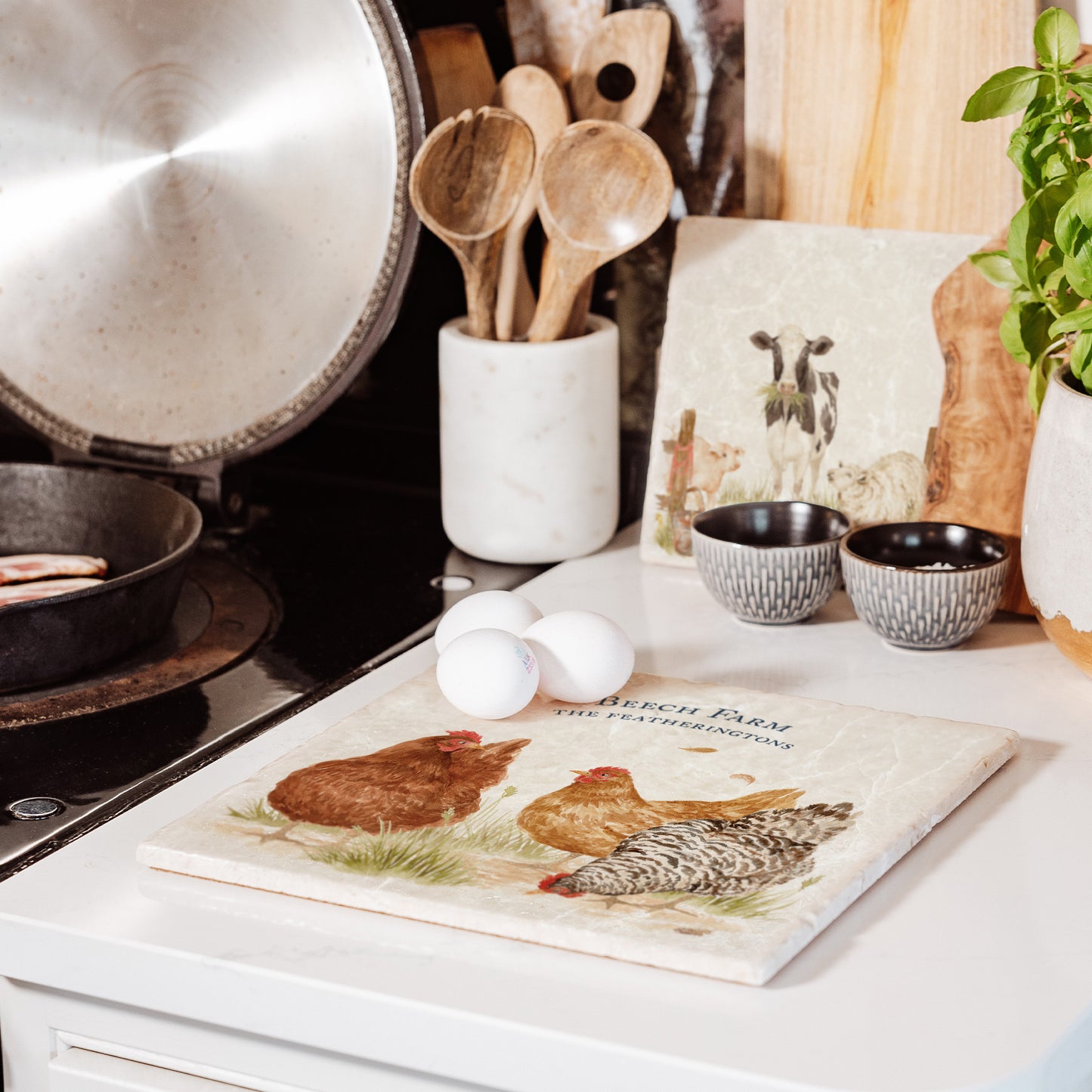 A personalised marble large platter with a farmyard hen watercolour design featuring a flock of chickens. Create a personalised placemat, serving platter, trivet or cheeseboard as a luxury gift.