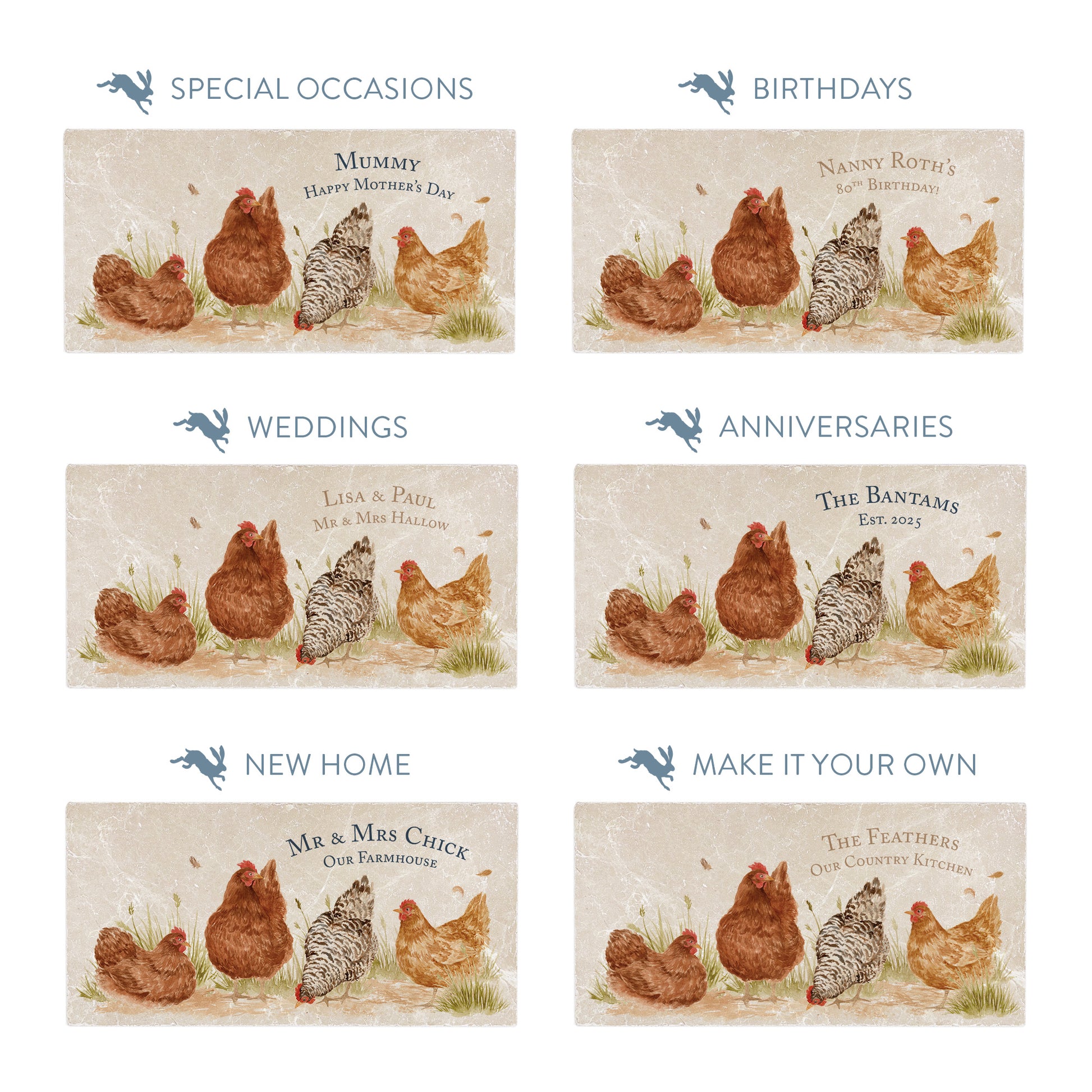 Collection of marble sharing platters showing the personalisation options available for all occasions including birthdays, weddings, anniversaries and new home gifts.