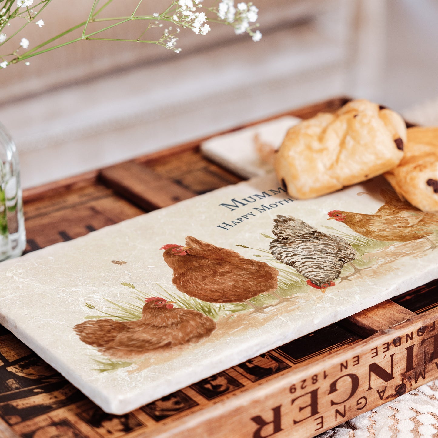 A personalised marble sharing platter with a farmyard hens watercolour design with 4 chickens. Create a personalised serving platter, trivet or cheeseboard as a luxury gift.