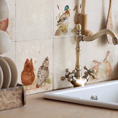 3 fat hens gossiping on the farm, the perfect watercolour wall tile. 