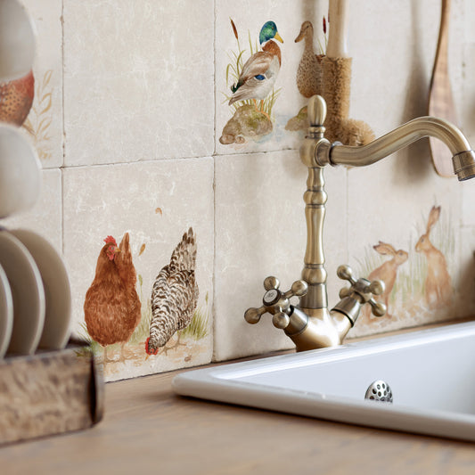 3 fat hens gossiping on the farm, the perfect watercolour wall tile. 