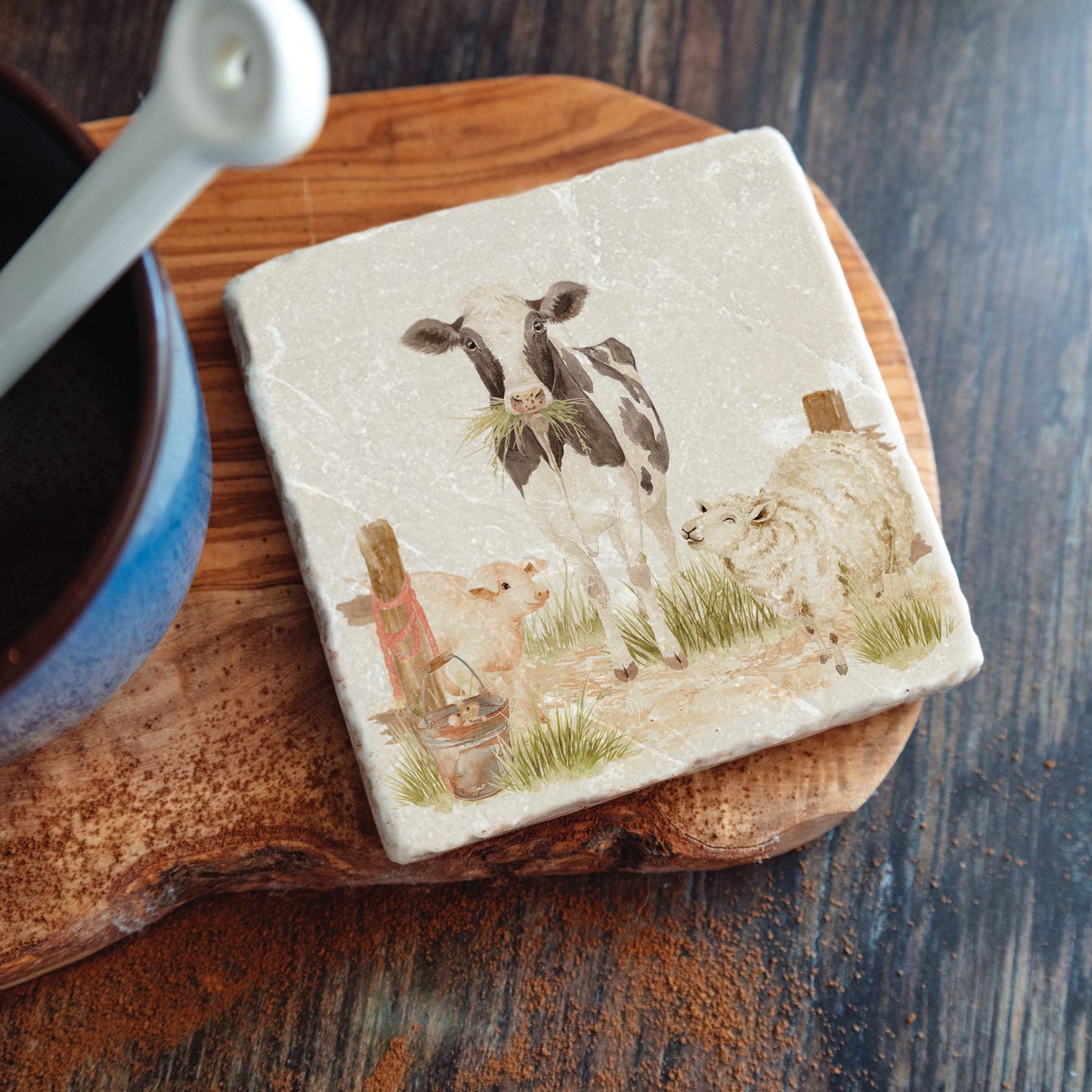 Marble Coasters featuring a dairy cow, sheep, piglet and mouse. In The Humble Hares classic watercolour design. 