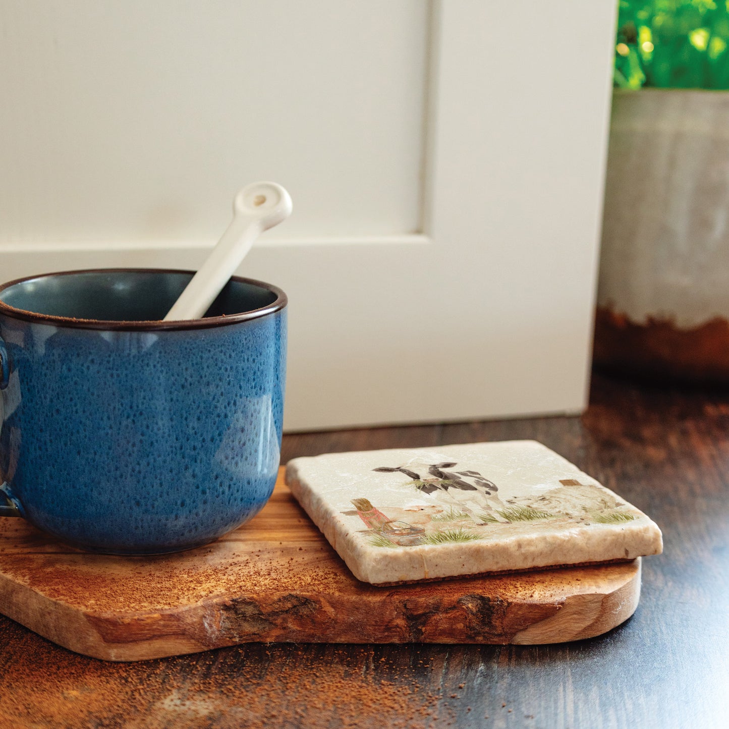 Marble Coasters featuring a dairy cow, sheep, piglet and mouse. In The Humble Hares classic watercolour design. 