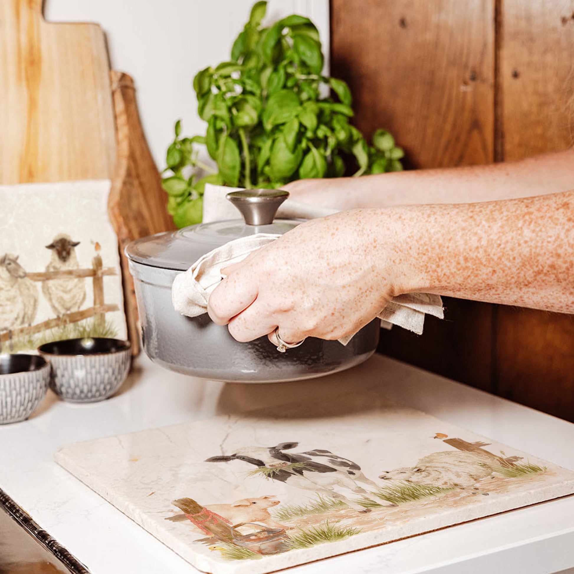 Marble Large Platter featuring a dairy cow, sheep, piglet and mouse. In The Humble Hares classic watercolour design. 