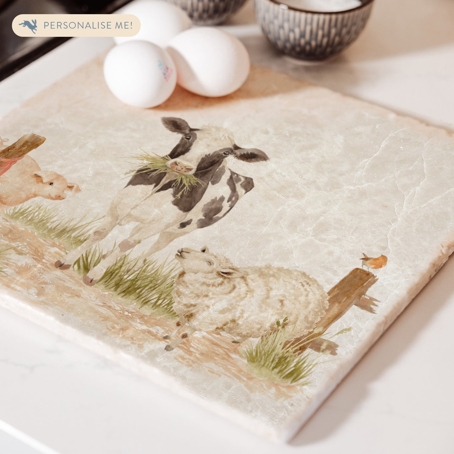Marble Large Platter featuring a dairy cow, sheep, piglet and mouse. In The Humble Hares classic watercolour design. 