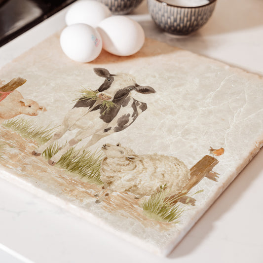 Marble Large Platter featuring a dairy cow, sheep, piglet and mouse. In The Humble Hares classic watercolour design. 