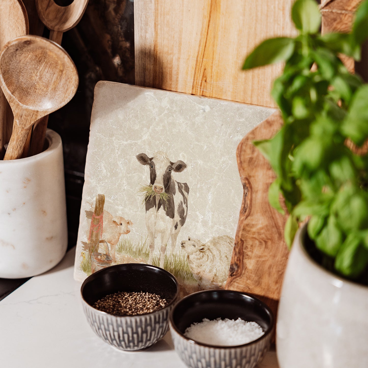 Marble Medium Platter featuring a dairy cow, sheep, piglet and mouse. In The Humble Hares classic watercolour design. 