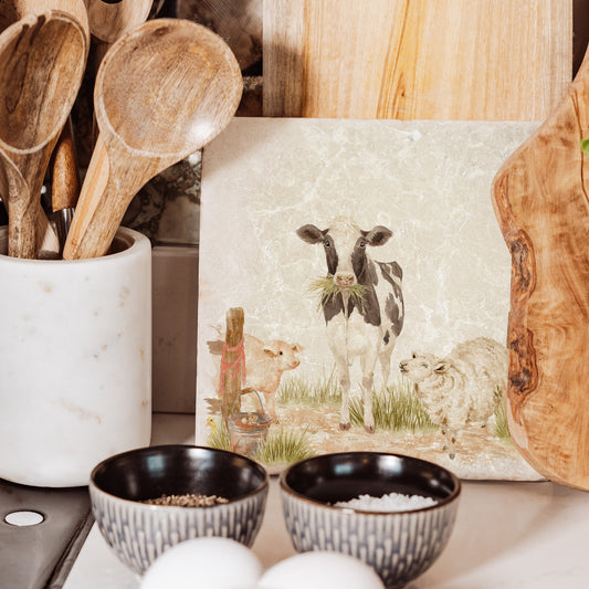 Marble Medium Platter featuring a dairy cow, sheep, piglet and mouse. In The Humble Hares classic watercolour design. 