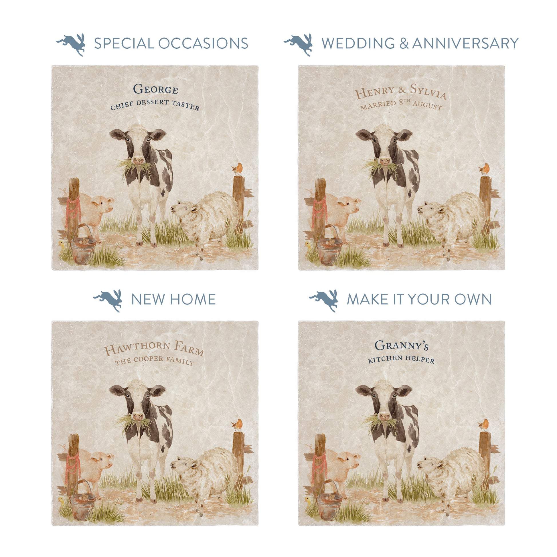 Collection of large marble platters showing the personalisation options available for all occasions including birthdays, weddings, anniversaries and new home gifts.