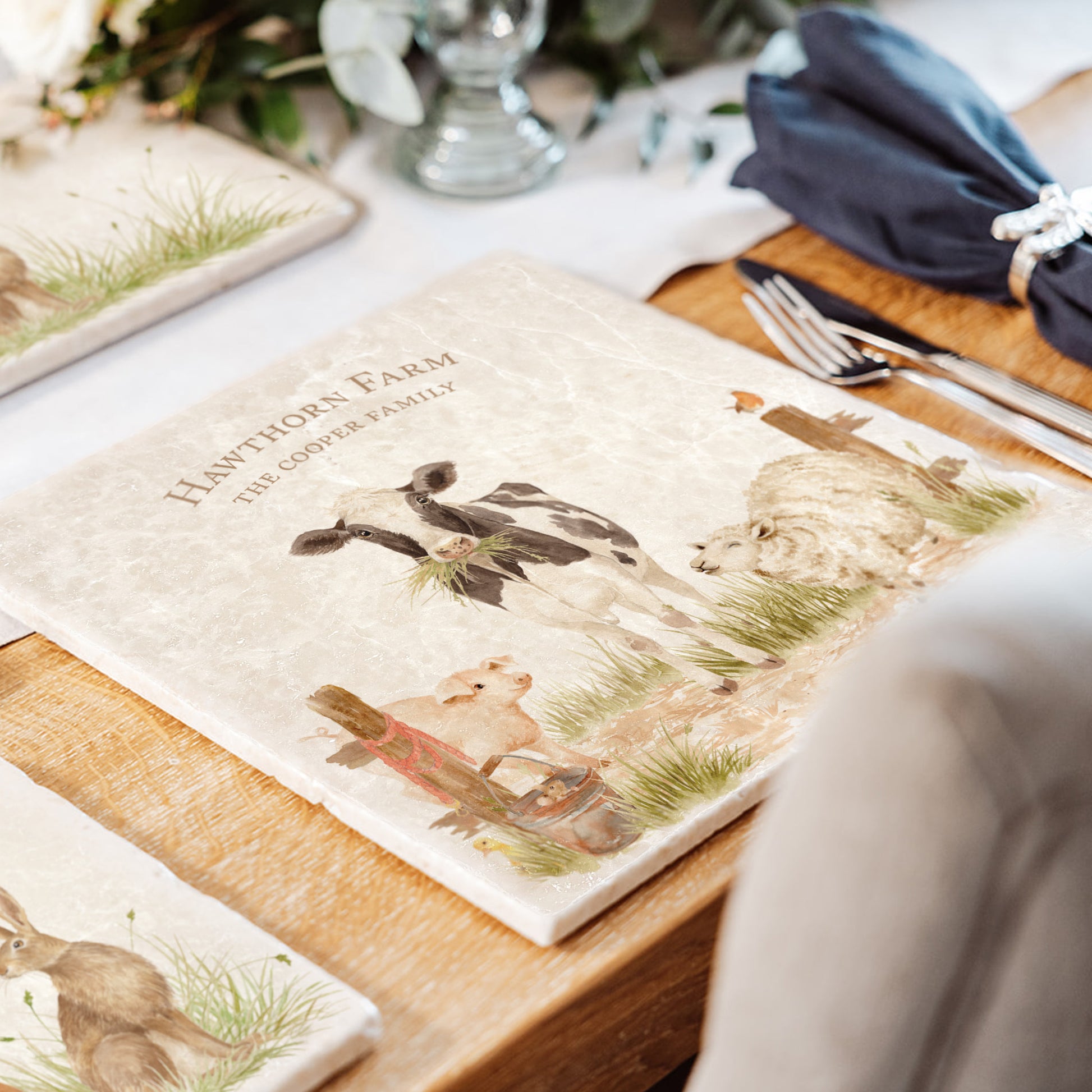 A personalised marble large platter with a farmyard watercolour design. Create a personalised placemat, serving platter, trivet or cheeseboard as a luxury gift.