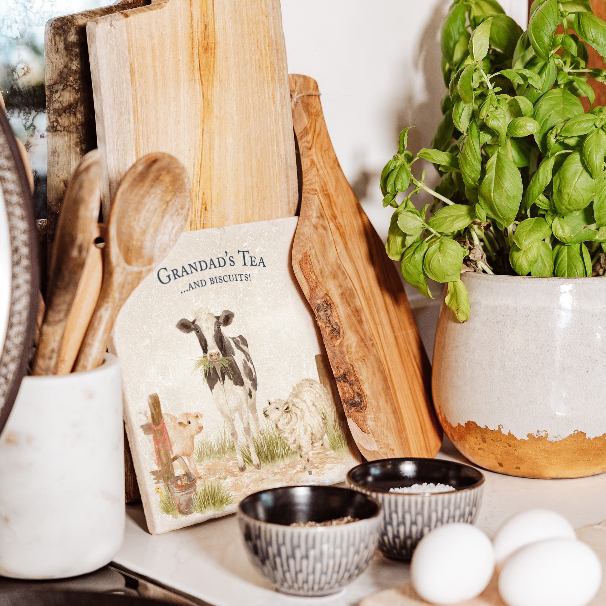 Marble Medium Platter featuring a dairy cow, sheep, piglet and mouse. In The Humble Hares classic watercolour design with the added feature of making the platter personalised. 