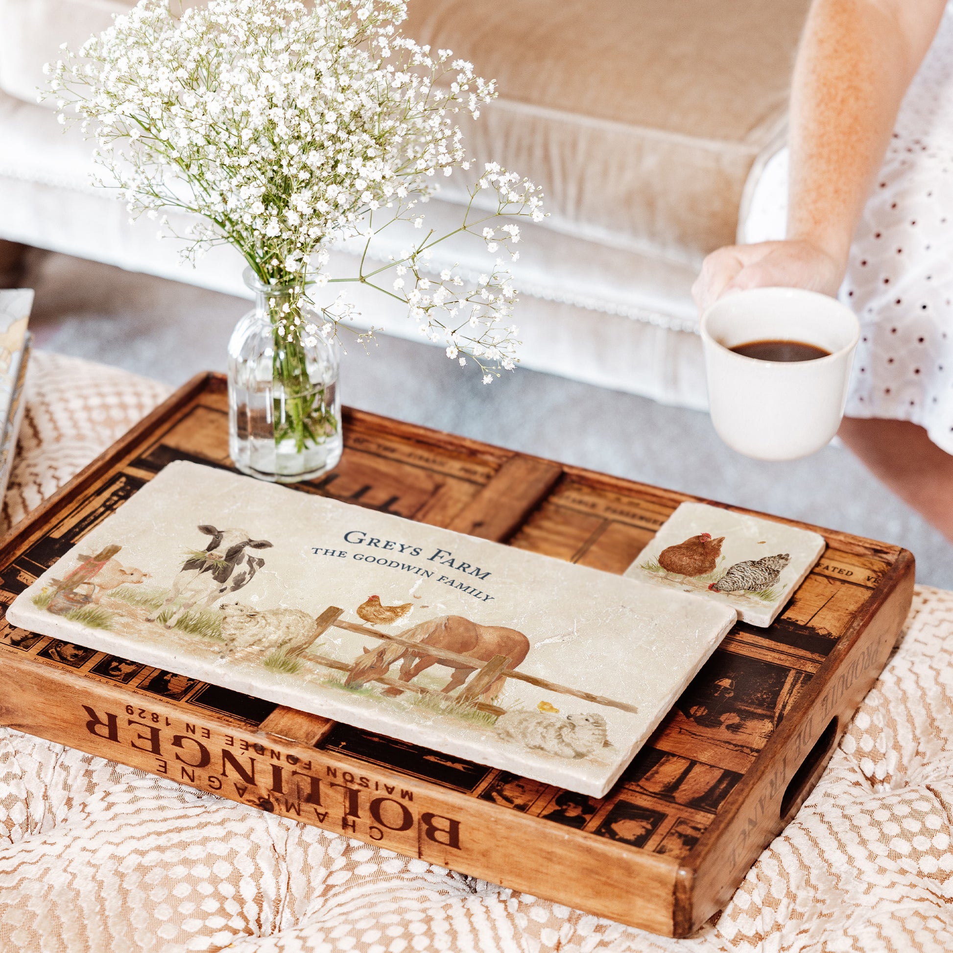 A personalised marble sharing platter with a farmyard watercolour design. Create a personalised serving platter, trivet or cheeseboard as a luxury gift.