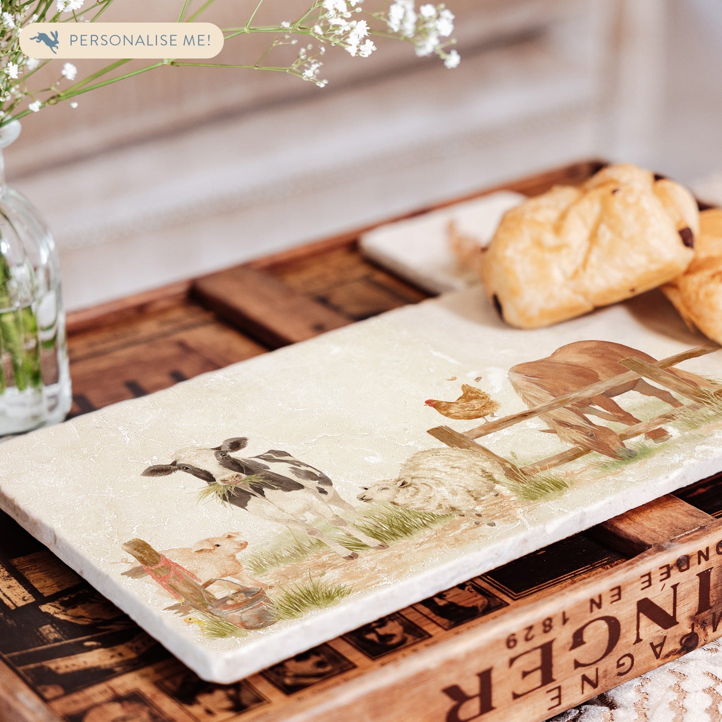 Marble Sharing Platter featuring a dairy cow, sheep, piglet, Chicken, Horse, Chick, Chicken and mouse. In The Humble Hares classic watercolour design. 