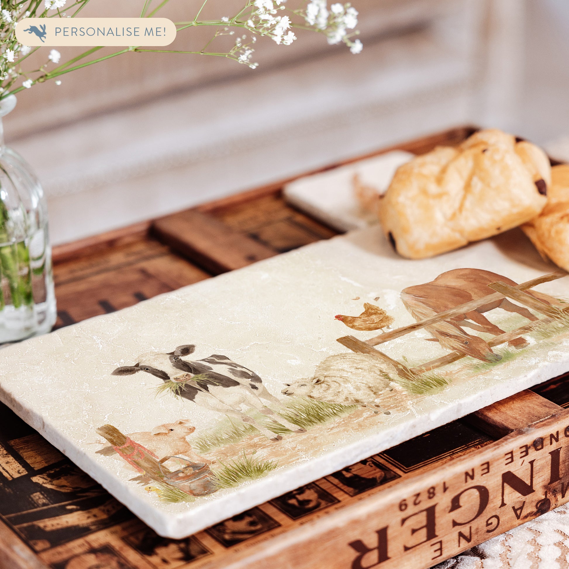 Marble Sharing Platter featuring a dairy cow, sheep, piglet, Chicken, Horse, Chick, Chicken and mouse. In The Humble Hares classic watercolour design. 