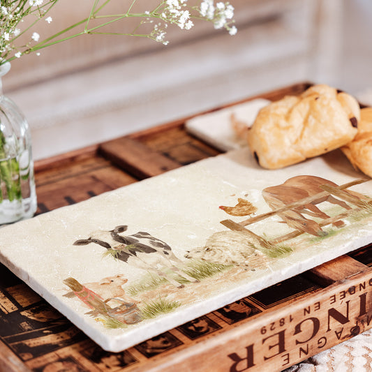 Marble Sharing Platter featuring a dairy cow, sheep, piglet, Chicken, Horse, Chick, Chicken and mouse. In The Humble Hares classic watercolour design. 