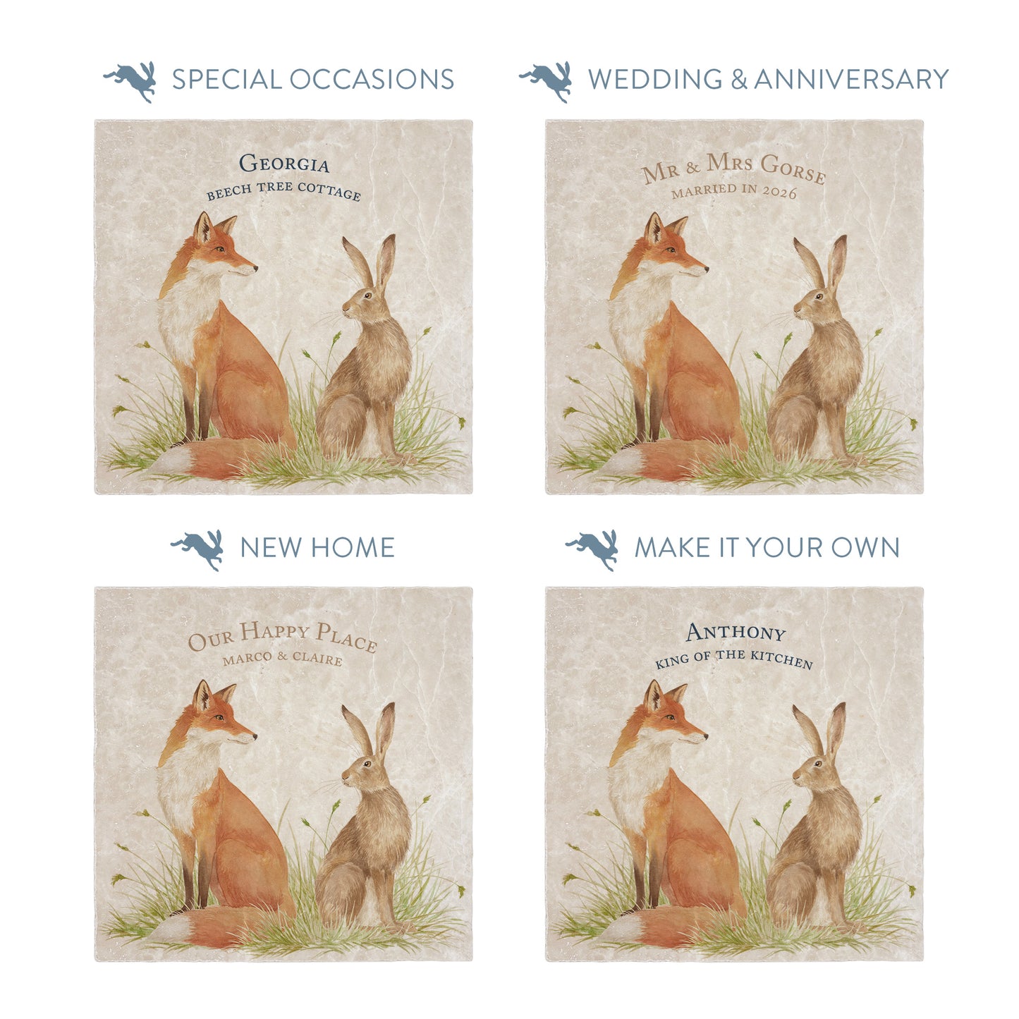 Collection of large marble platters showing the personalisation options available for all occasions including birthdays, weddings, anniversaries and new home gifts.