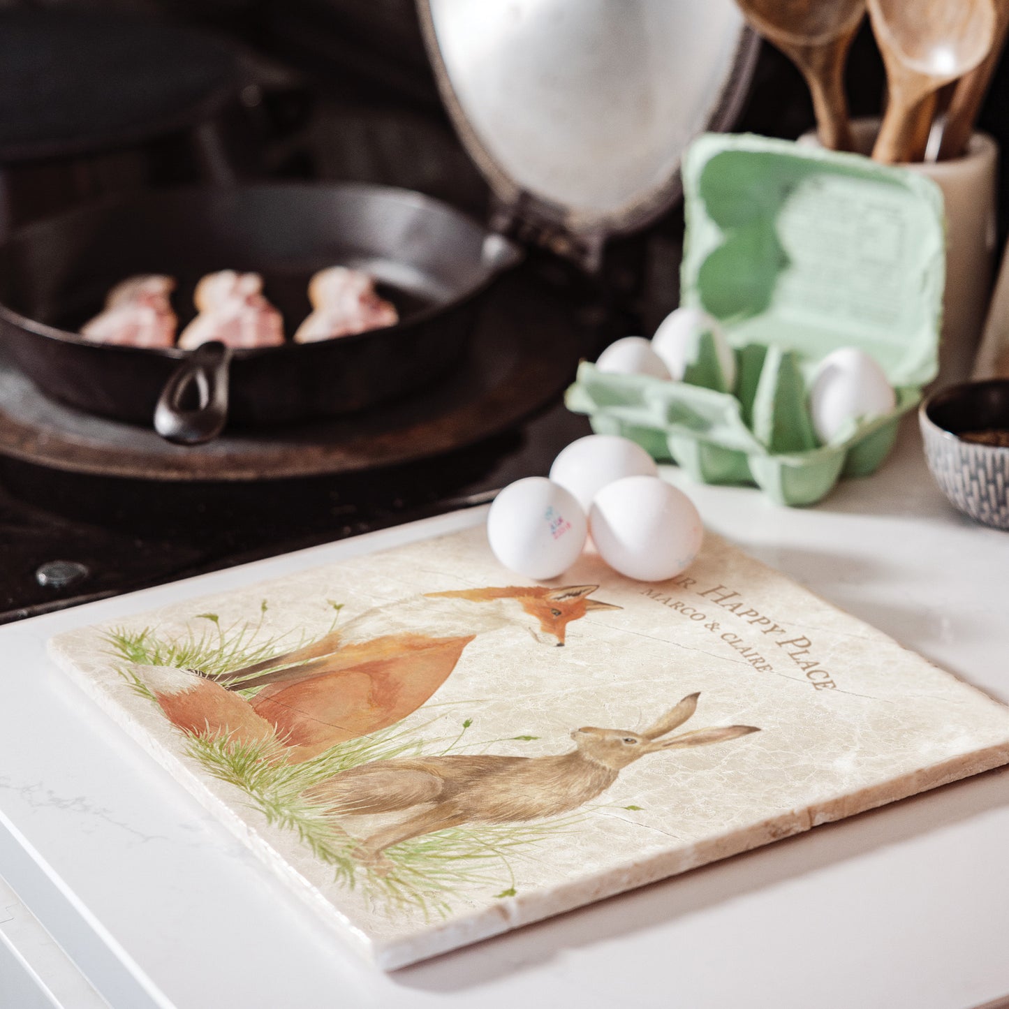 A personalised marble large platter with a fox and hare watercolour design. Create a personalised placemat, serving platter, trivet or cheeseboard as a luxury gift.