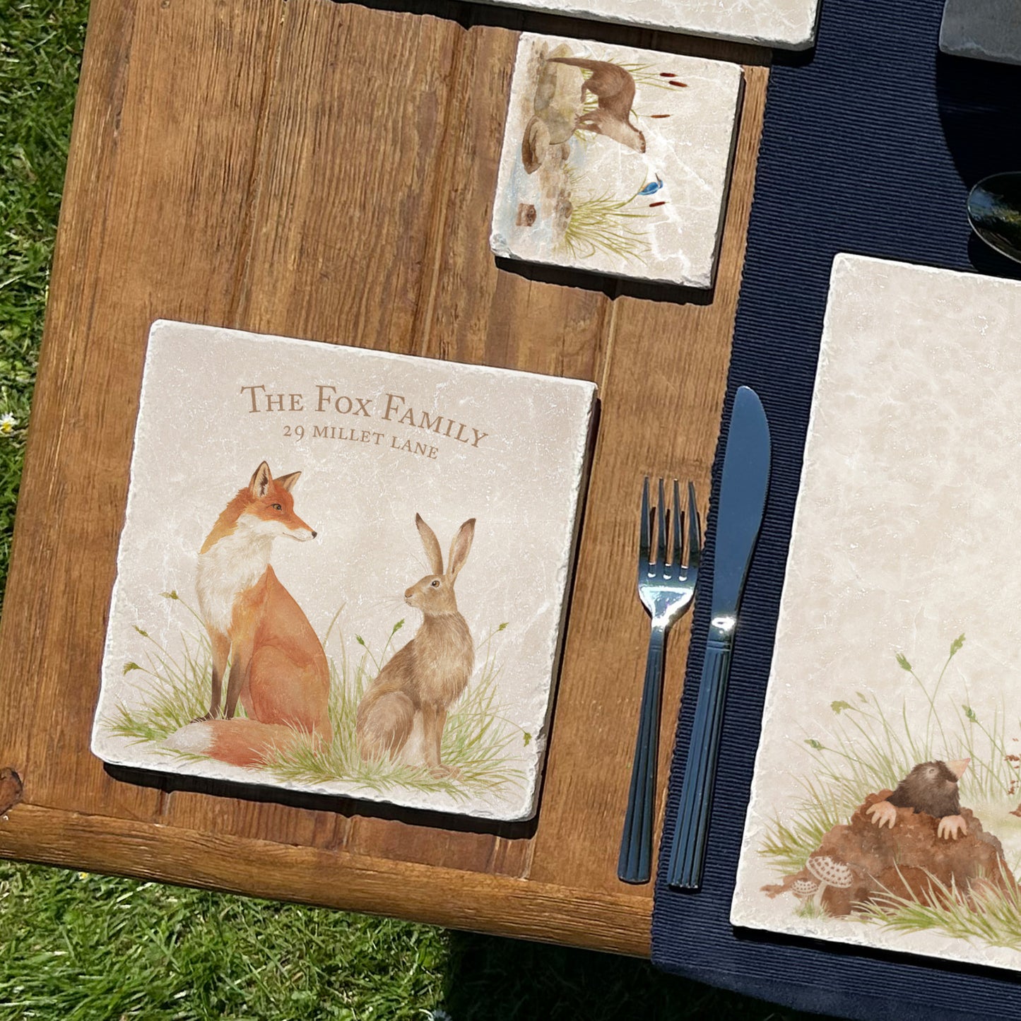 Water colour design featuring a Fox and Hare on our medium personalised  marble platter.  Sat in a meadow style scenery. Some will question are they friend or Foe?