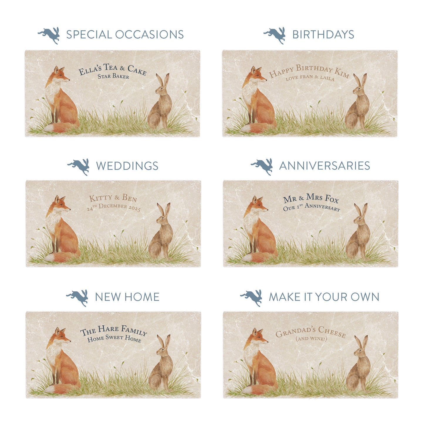 Collection of marble sharing platters showing the personalisation options available for all occasions including birthdays, weddings, anniversaries and new home gifts.